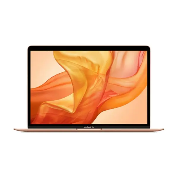 Macbook Air Intel với logo táo phát sáng đặc trưng đặt trên bàn gỗ