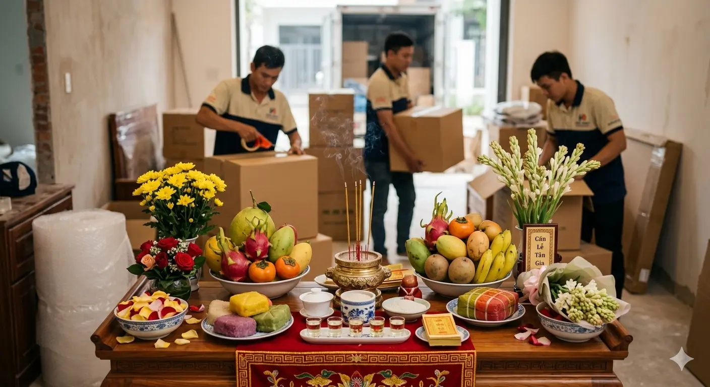 Mâm cúng nhập trạch đúng phong thủy khi làm thủ tục về nhà mới.