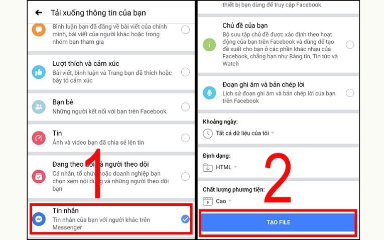 Giao diện yêu cầu bản sao lưu dữ liệu tin nhắn Facebook trên máy tính