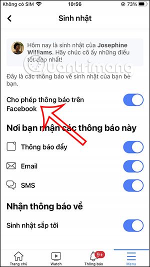 Giao diện tùy chọn thông báo sinh nhật trên ứng dụng Facebook