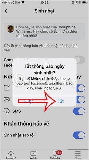 Tắt chế độ nhận thông báo sinh nhật trong menu cài đặt Facebook trên web